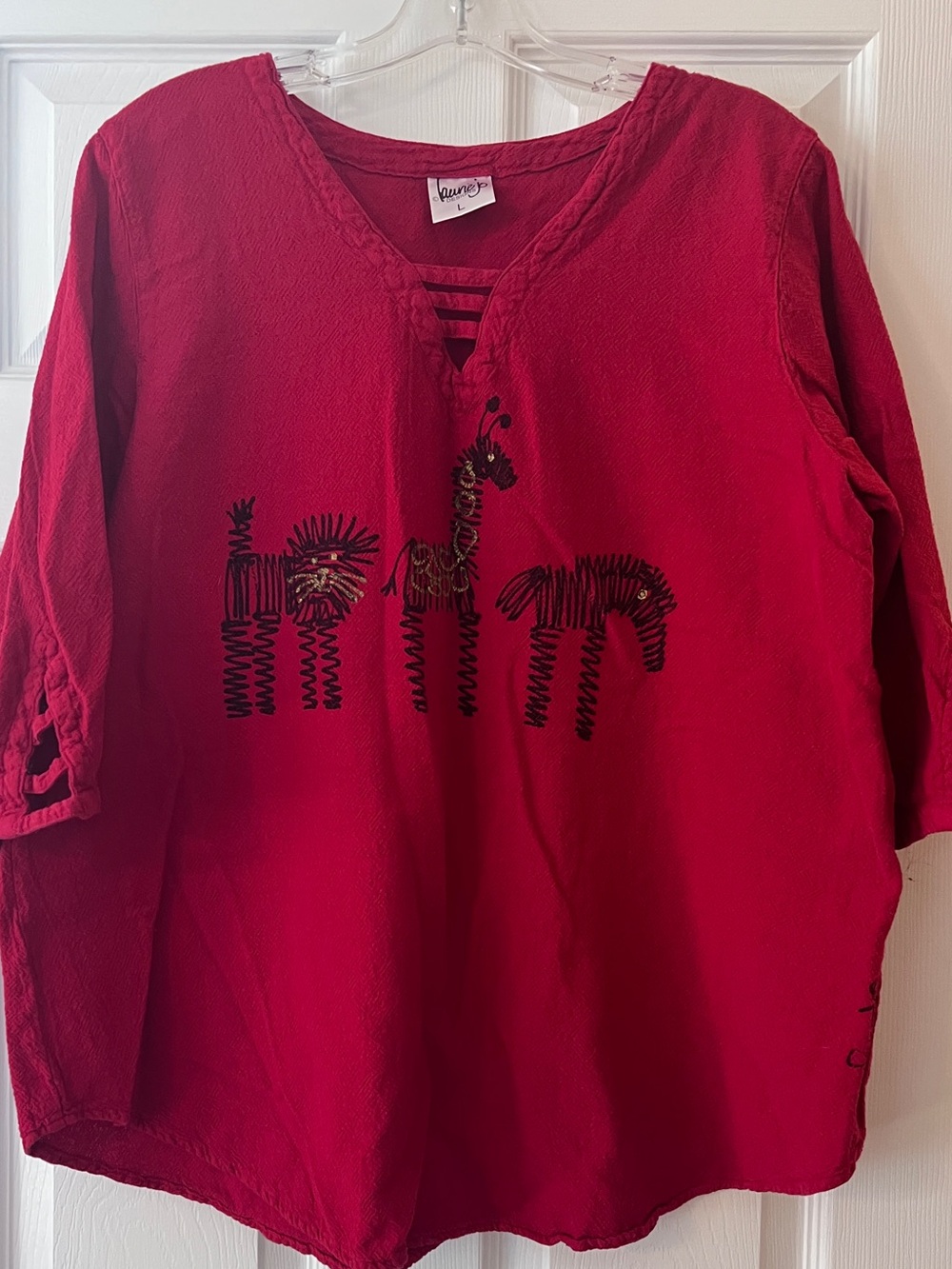 Red Embroidered Animal Tunic Top